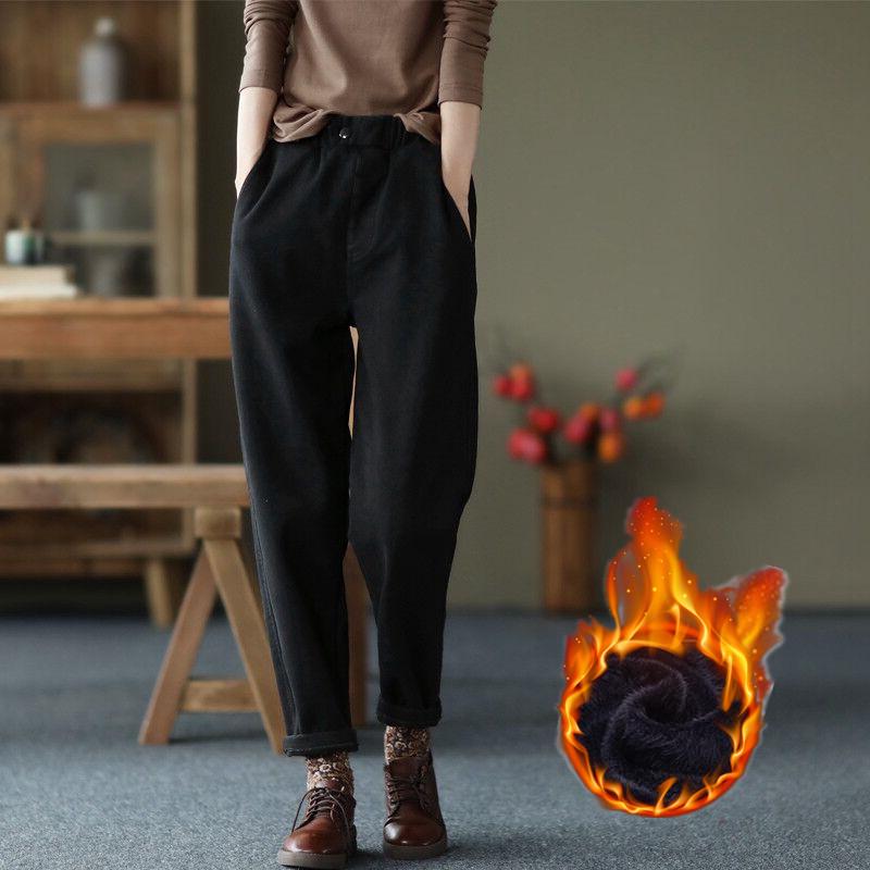 Women's 2025 New Thickened Velvet-Lined Cotton Twill Harem Pants - Stylish Elastic Waist Casual Trousers for Autumn/Winter.