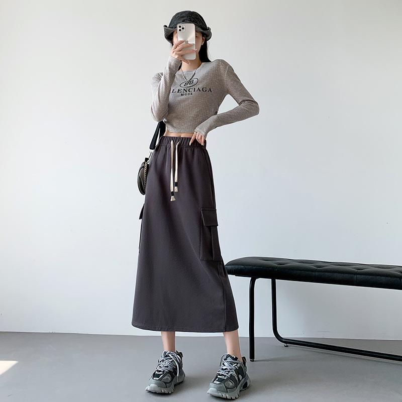 

Women s High Waist A-Line Midi Skirt - 2024 Autumn/Winter Slimming Slit Cargo Design L