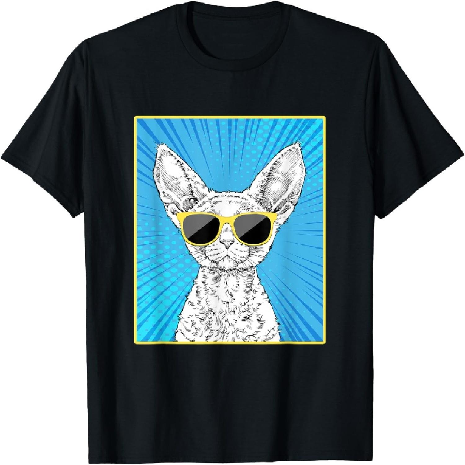 Devon Rex Cat Portrait Pop Art Cat with Sunglasses T-Shirt XXXXXL разноцветный