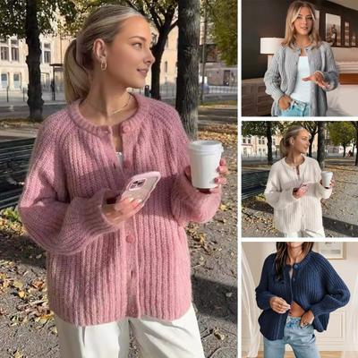 Women Sweater Coat Round Neck Long Sleeve Solid Color Button Down Cardigan Sweater