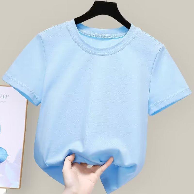 

Детская хлопковая футболка, летняя, с коротким рукавом, однотонная, базовая повседневная детская одежда 3-8 лет, качество класса А, простой дизайн 160 светло-синий