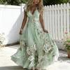 Summer Floral Maxi Dress for Women Short Sleeve V Neck A-line Swing Dress Floral Printed Beach Vacation Sundress