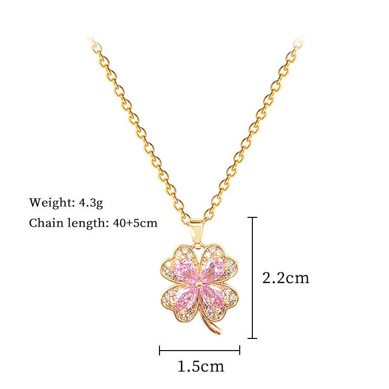 Lucky Pink Heart Zircon Clover Pendant Necklaces for Women Girls Sweet Stainless Steel Chain Necklace Jewelry Accessories Gifts