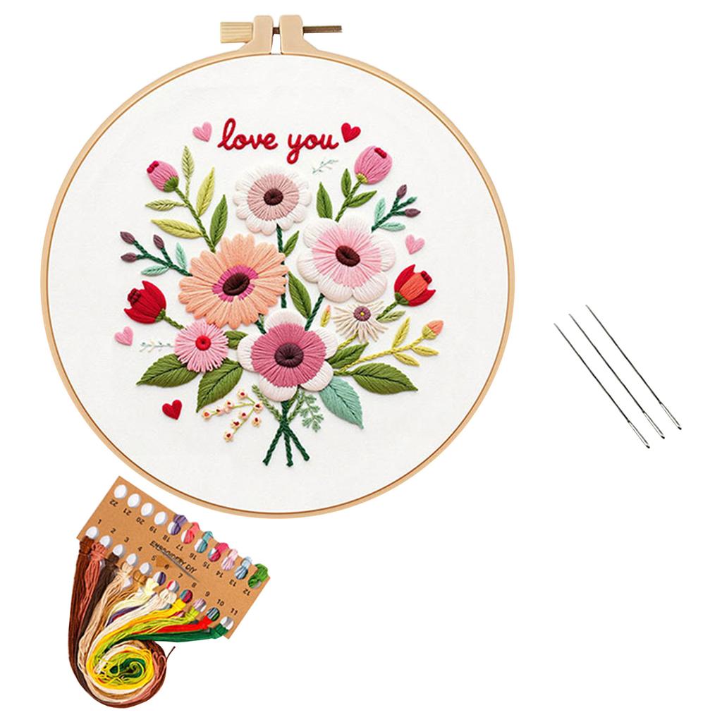 Valentine's Day Floral Embroidery DIY Craft Kit (Suitable For Beginners), 20cm - - Embroidery Hoop (Not A Pre-made 30cm Fabric Embroidery Hoop)