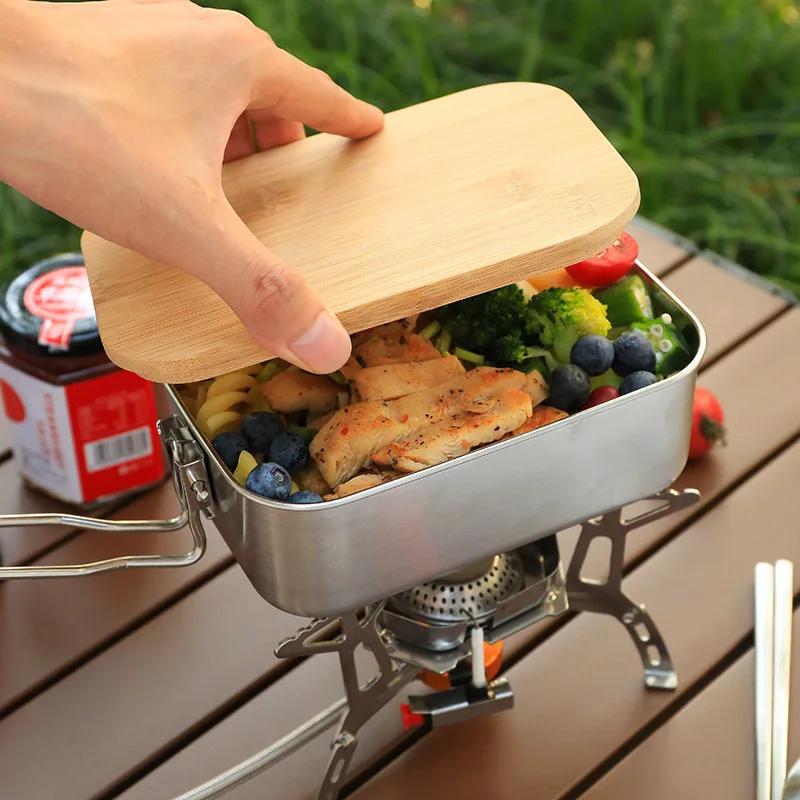 304 Stainless Steel Lunch Box Portable Lunch Box Outdoor Camping Cooking Wooden Cutting Board Wild Box Tableware Grain Container