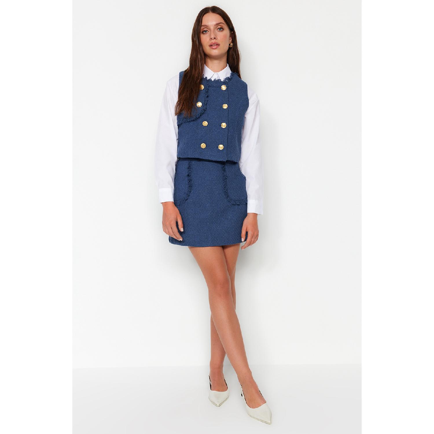 

Мини-тканая юбка из твидовой ткани индиго с кисточками Twoaw24et00204 34