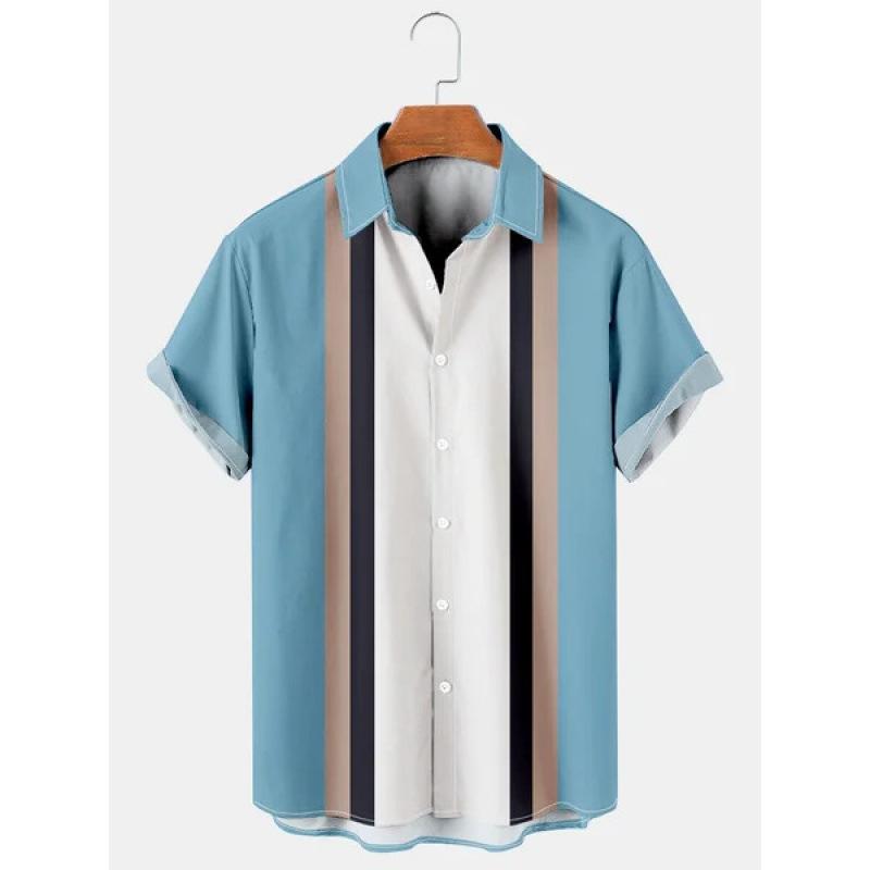 Summer new men's top striped D print men's cardigan lapel
