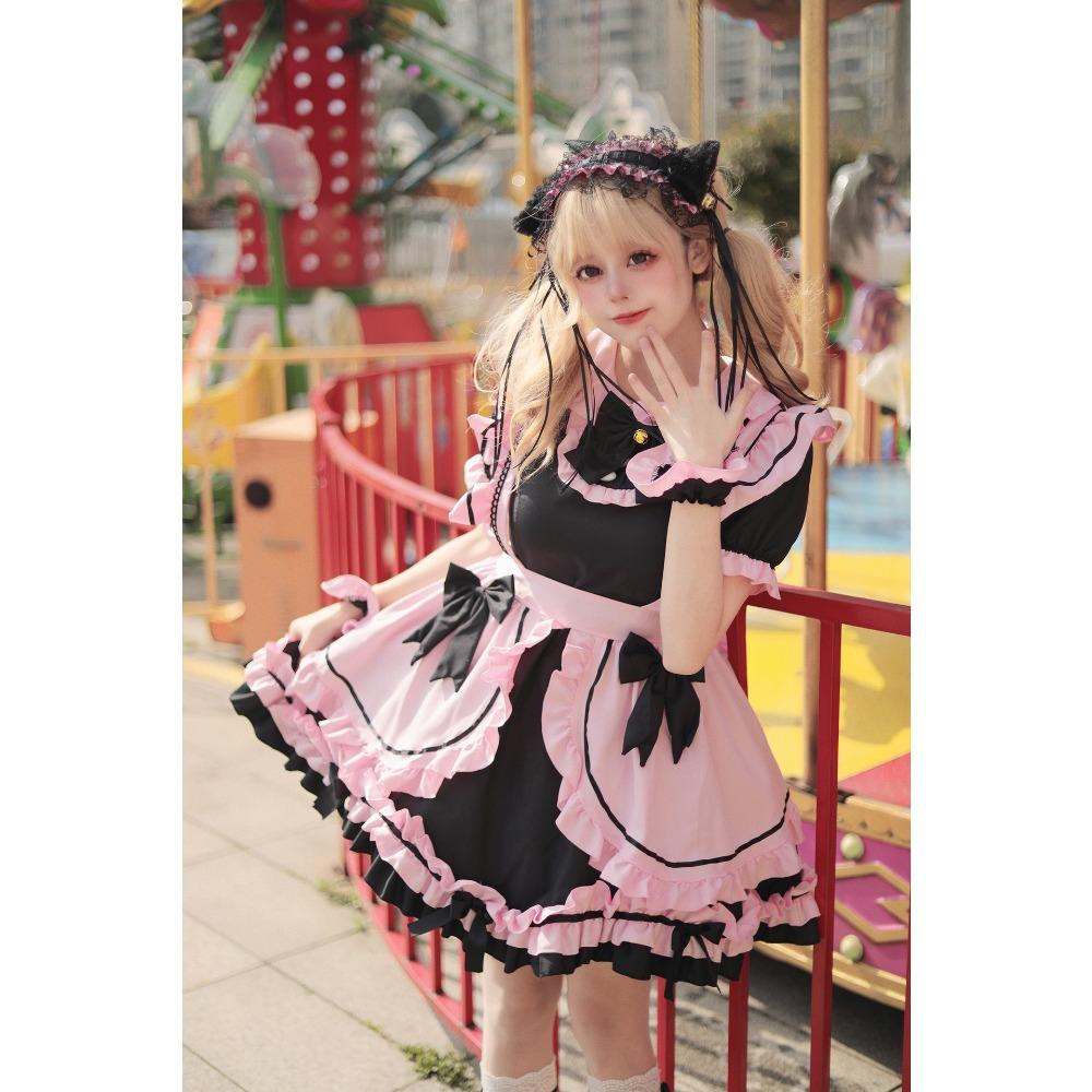 

Новый костюм горничной Black Pink Cos Милая девушка Милый кот Бант Мягкий костюм Юбка S