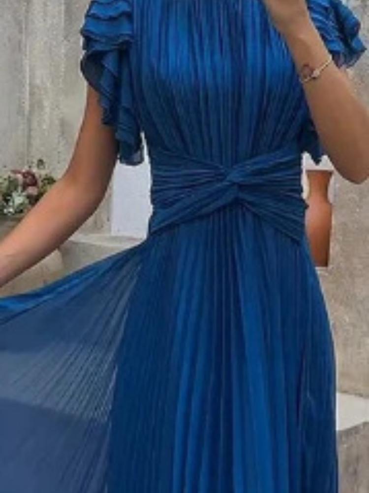 

Элегантное длинное платье нежно-розового цвета с рукавами-рюшами, завязанной талией и плиссированной юбкой XXL синий