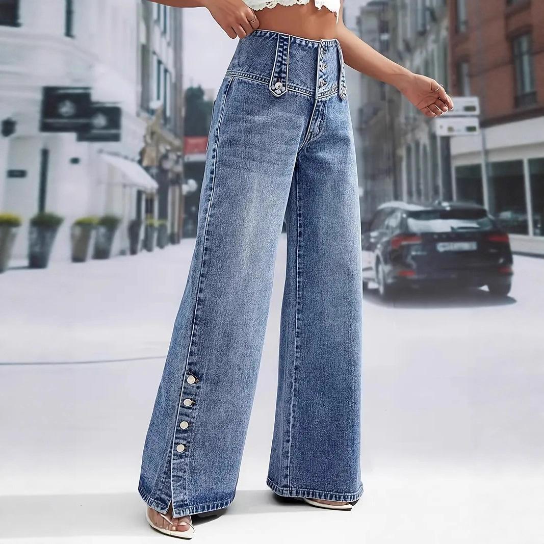 Spring Feet Split Denim Trousers High Waist Retro Button Denim Wide-leg Pants Women S