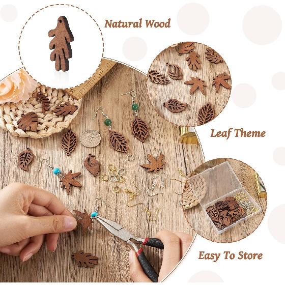 Wood Leaf Earring Cheriswelry Natural Wooden Dangle Earrings Making Kit Coconut Brown Wood Leaf Charms Brass Earring Hooks Jump Rings for Women