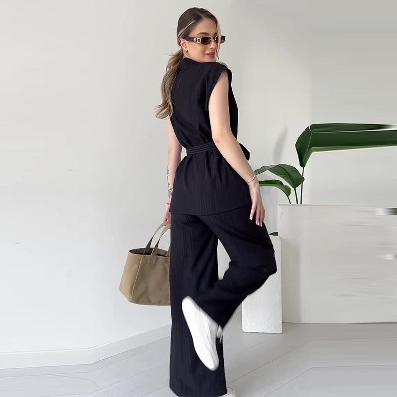 2024 Summer Women's Solid Color Lapel Waist-Tie Top & Commuting Long Pants Set