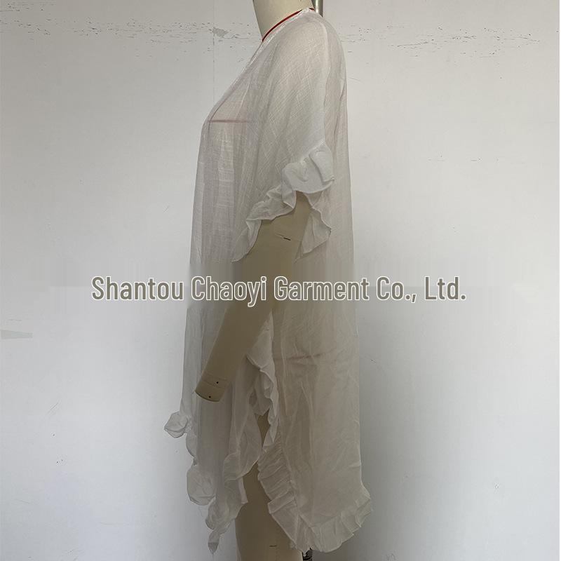 New Hollowed-Out Crochet Flower Collar Ruffle Dress: Comfortable, Loose Sun Protection Cover-Up for Seaside Vacations