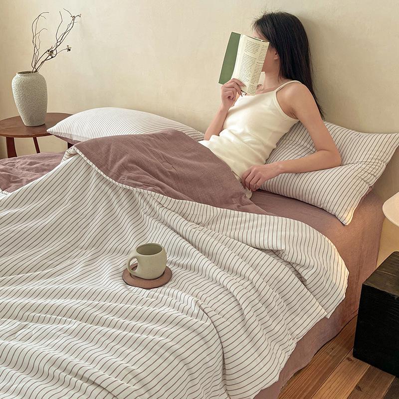 Class A Yarn-Dyed Striped Cotton Quilt - Machine Washable, Breathable, Skin-Friendly Summer Blanket