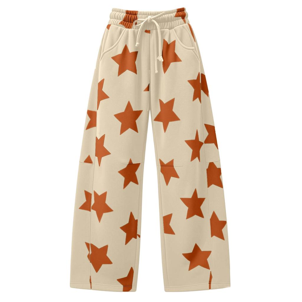 Women's Casual Loose Fit Star Print Curved Wide Leg Pants for Everyday Wear