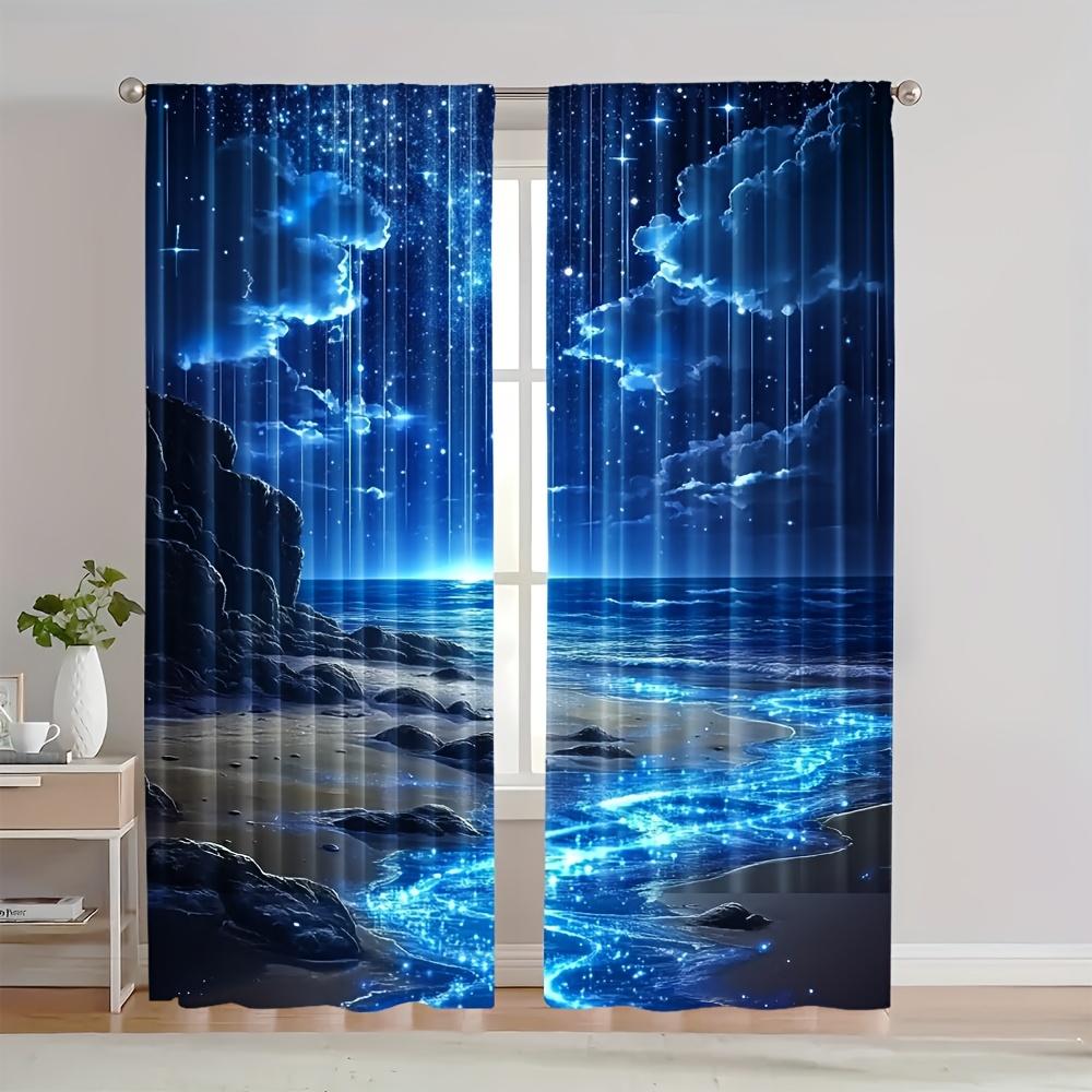 

Set Of 2 Aurora Moon Beach Curtains Woven Polyester Living Room Bedroom Office Decor Curtain With Rod Pocket Darkening Perfect For W100*H70(CM)-Grommet top&2PCS