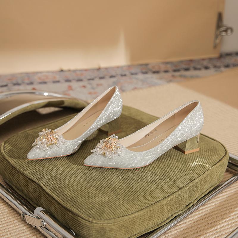 550-2 high heels women's 2025 spring new versatile Xiuhe wedding dress two wear crystal shoes pointed thick heel single shoes