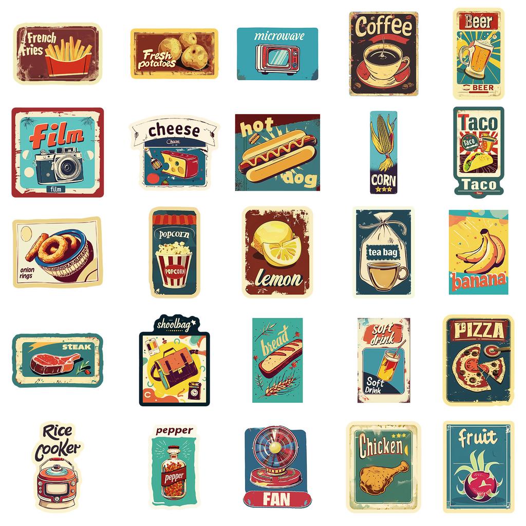 50 Adesivi Nostalgici Antichi Cibo Stile Europeo e Americano Materiale Fai da Te Decorativi per Tablet Custodia Telefono Cellulare Casco Adesivi Trendy
