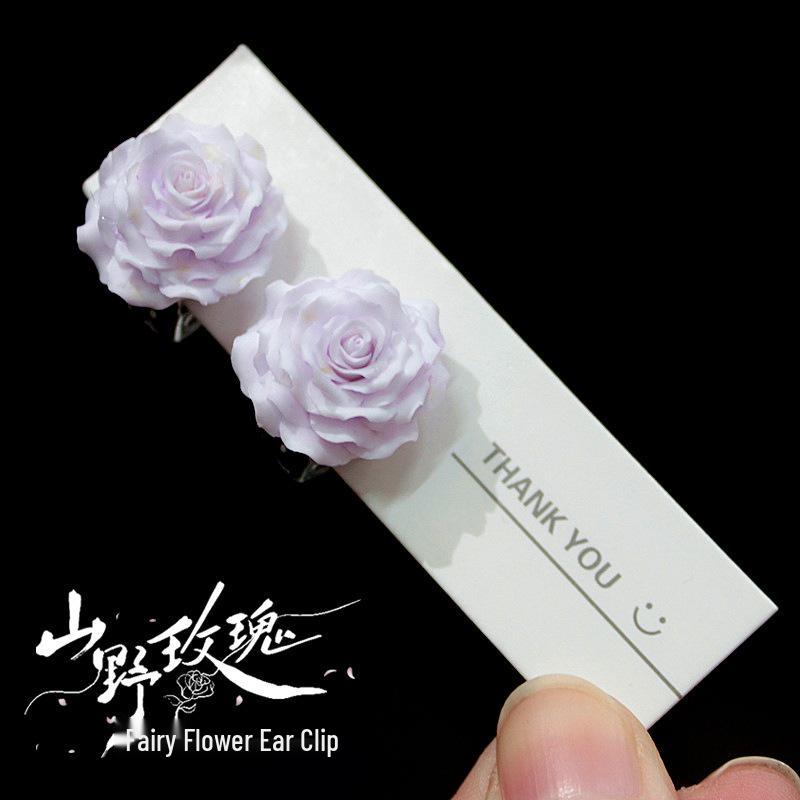 Deep Rose Red Camellia 3D Ear Clip - Hole-Free Rose Flower Earrings