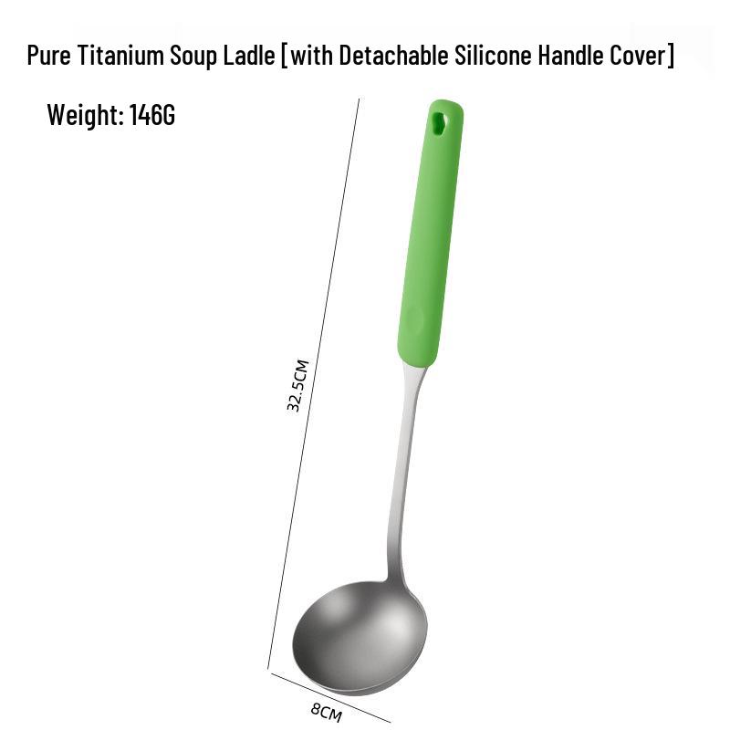 

Titanium Cookware Set with Silicone Handle: Outdoor Spatula, Soup Ladle, Porridge Spoon, and Large Spoon for Stir-frying and Picnics. Soup Ladle