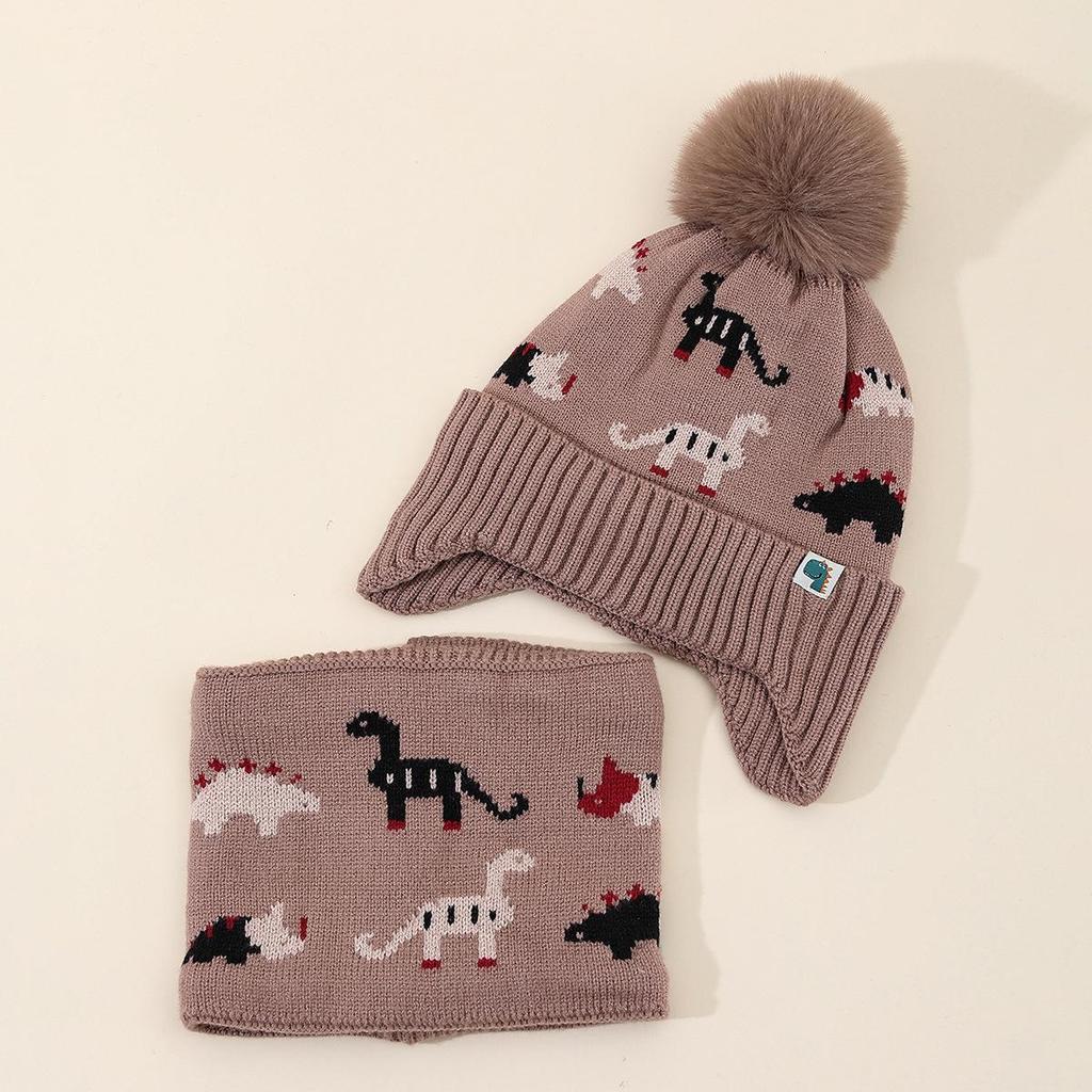 Cartoon Dinosaurier Woll-Pompon-Mütze & Schal Set: Verdicktes Strickmaterial für Herbst/Winter, Ohrenschützende Wärme