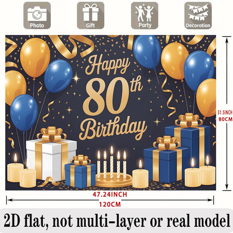 Party Backdrop 80Th Birthday Blue Elegant Flat Banners Golden Balloons Boxes Candles Photo Booth Decor Front Door Decor