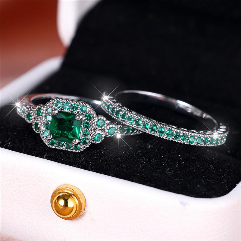 Luxury Female Green Zircon Stone Engagement Ring Set Cute Silver Color Wedding Jewelry For Women