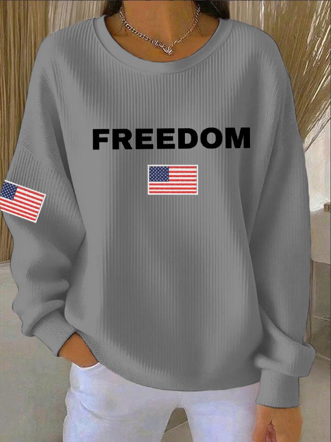 Women's Crew Neck Long Sleeve Ribbed Knit Loose Fit Minimalist Freedom USA Flag Graphic Pullover Sweatshirt