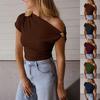 Women's Asymmetrical Off Shoulder Short Sleeve Top with Metal Ring Decor Slim Fit Ruched Casual Blouse