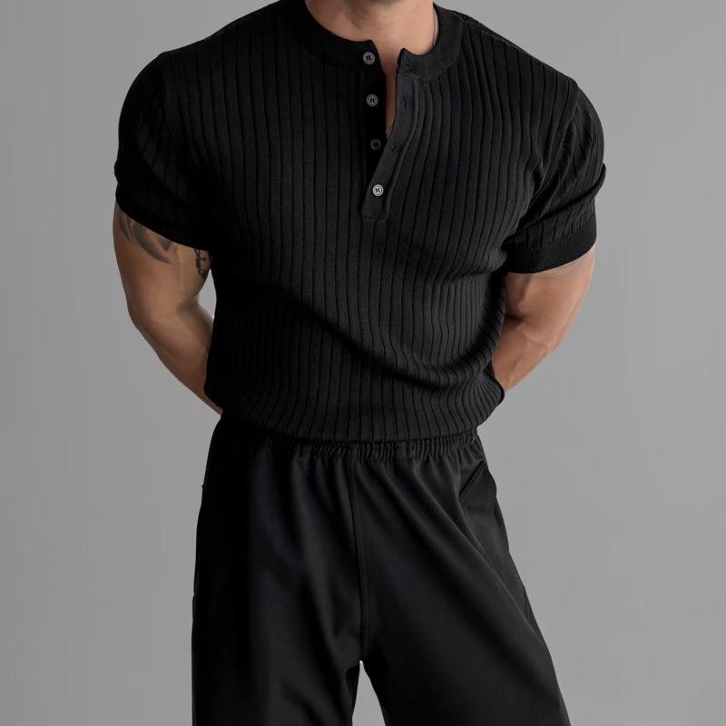 Men s Summer Casual Henley T-Shirt with American Vertical Stripe Texture XXXL чёрный