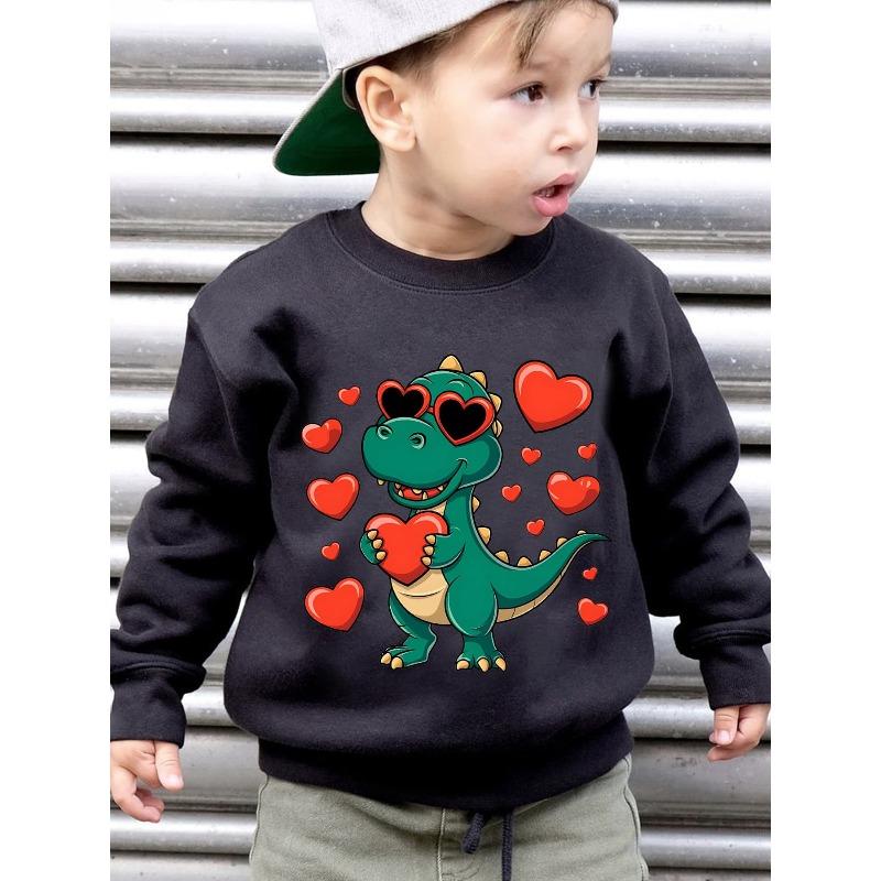 European sizes Kids' Fashion -Lined Crew Neck Brushed Sweatshirt with Dinosaur Wearing Heart-Shaped Fashion Glasses Holding a Heart