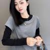 Plus Size Patchwork Faux Layer Long-Sleeve T-Shirt for Women, Slimming and Versatile Autumn Style.