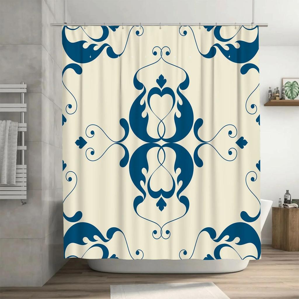 HI-Vintage Blue White Shower Curtain with Damask Pattern Luxury Waterproof Home Decor for Bathrooms
