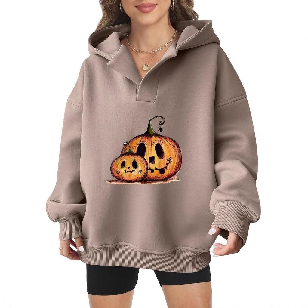 Women's loose Halloween pumpkin hooded sweatshirt, printed and plush pullover, American casual thick autumn and winter hoodie