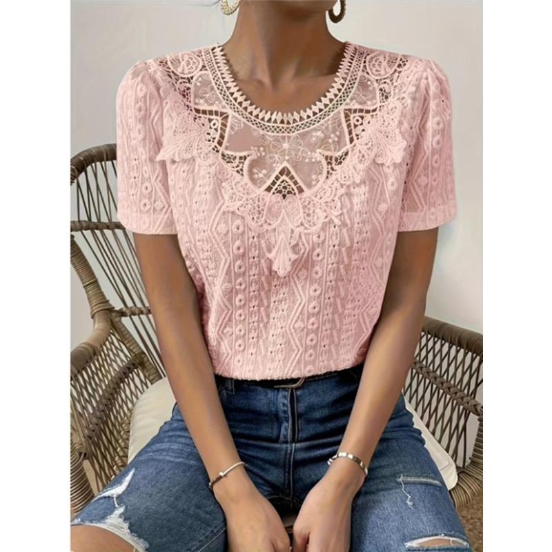 Sommer Neuer Stil Spitze Nähte Hohl Rundhals Einfarbig Kurzarm Hemd Top