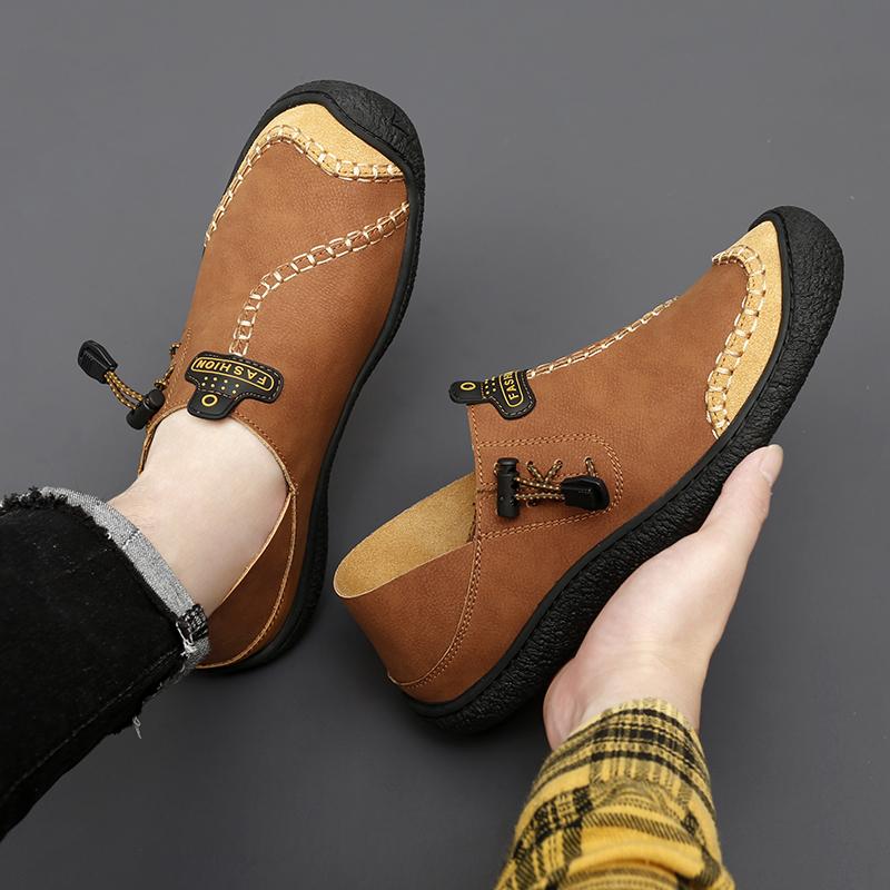 Men Handmade Leather Shoes Black Casual Hiking Shoes Outdoor Grey Walking Driving Shoes Over Sized Brown Slip On