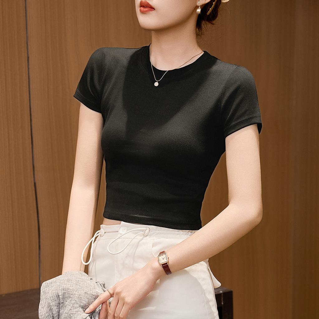 Krátké tričko s vysokým pasem pro léto pro ženy, nové, slim fit a zeštíhlující, malý univerzální top s krátkým rukávem