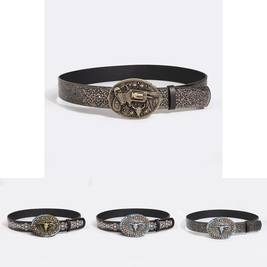 Vintage Turquoise Carved Sheep Head Embroidered Leather Belt For Fashion Enthusiasts