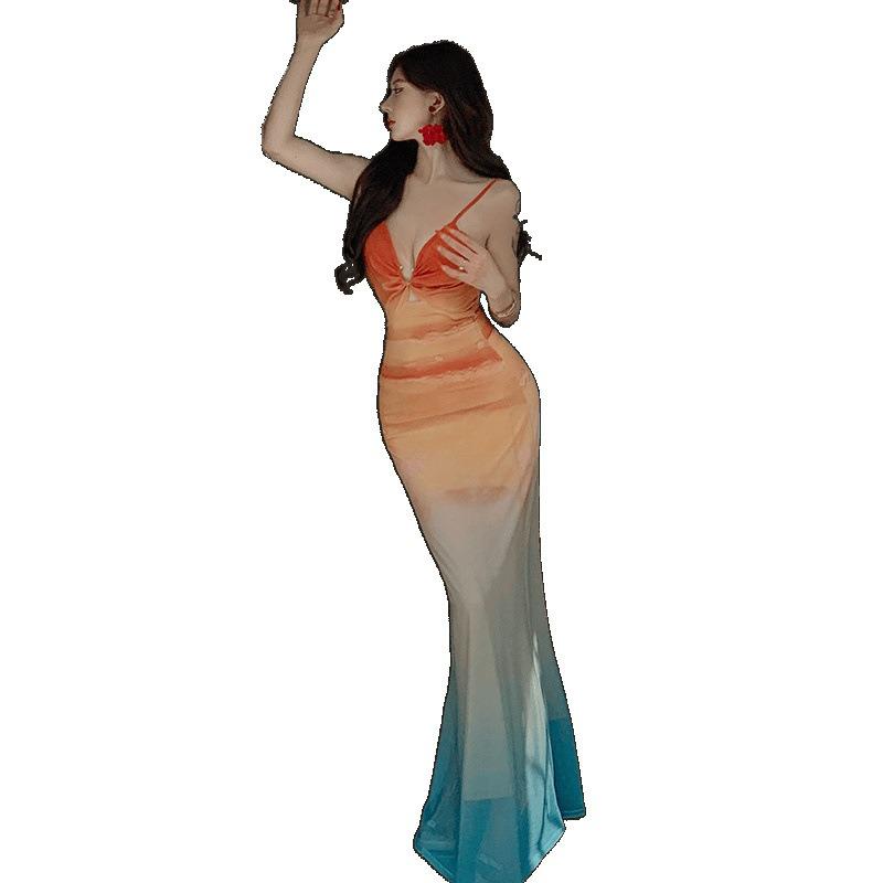 Spice Girls Sexy Mesh Print Suspender Dress Women's Beach Vacation Gradual Change Color Hollow Floor Dress