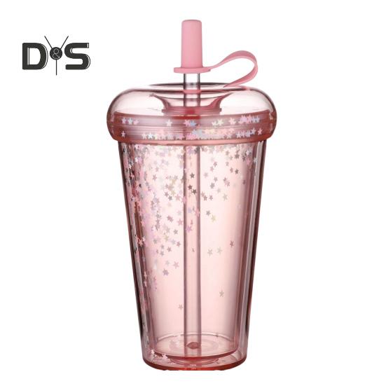 Leak-proof Iced Coffee Cup Reusable Straight Pipette Cup with Built-in Straws Double Wall Insulated Iced Coffee Tumbler Cartoon Drinking Cup