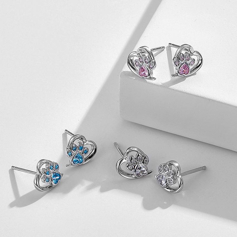 Spot Love Cat Paw Small Stud Earrings Creative Dog Footprint Zircon Earrings Girls Jewelry