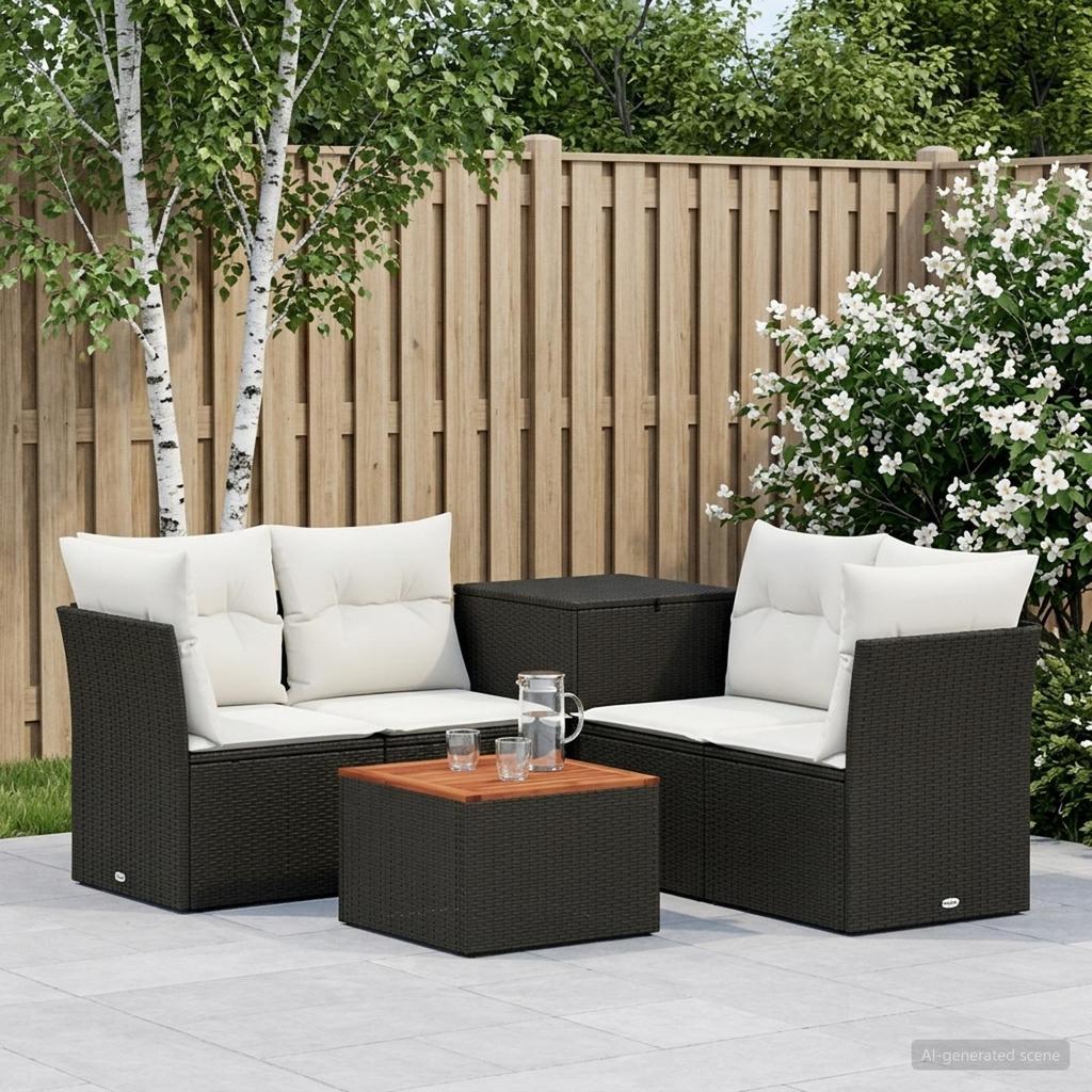 Sofa Set 6 Pieces Black and Cream White Poly Rattan and Steel