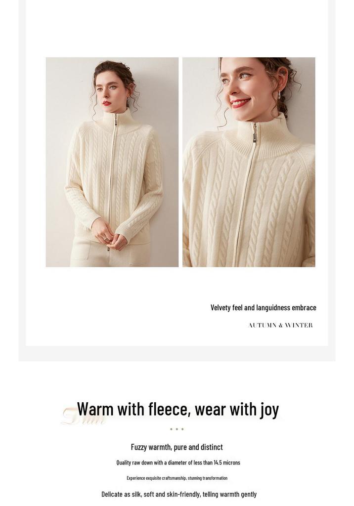 Women's Cable Knit Cashmere Cardigan - Solid Color, Stand Collar, Zipper Closure, Autumn/Winter Casual Style Sweater
