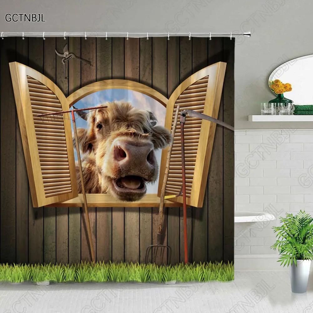 Funny Highland Bull Shower Curtains Set Western Bull Portrait Brown Wood Panel Rustic Landscape Barn Bath Curtain Bathroom Decor