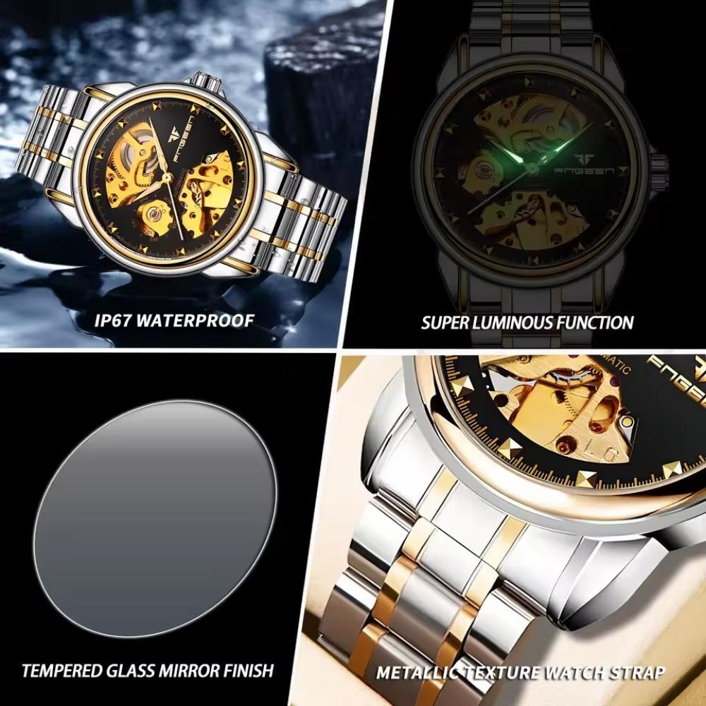 Top Luxury Golden Full Stainless Steel Men Aautomatic Mechanical Watch Business Hollow Men's Watches Waterproof Mechanical Gifts
