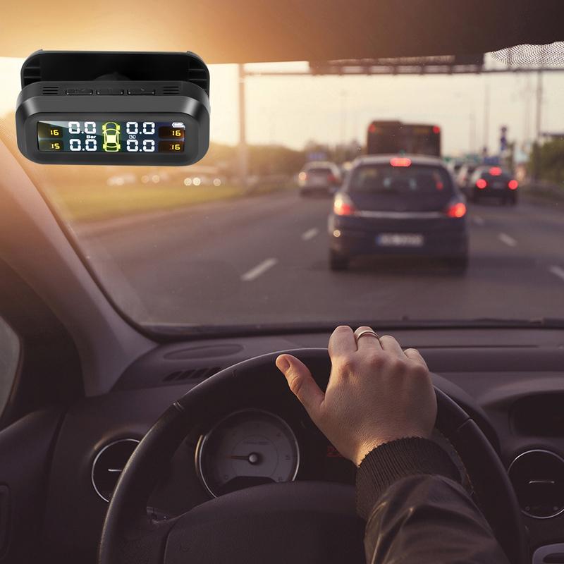 Solar TPMS Car Tire Pressure Alarm Monitor System Real-Time Display Warning Windshield Auto Driving Safety Kit with 4 Sensors