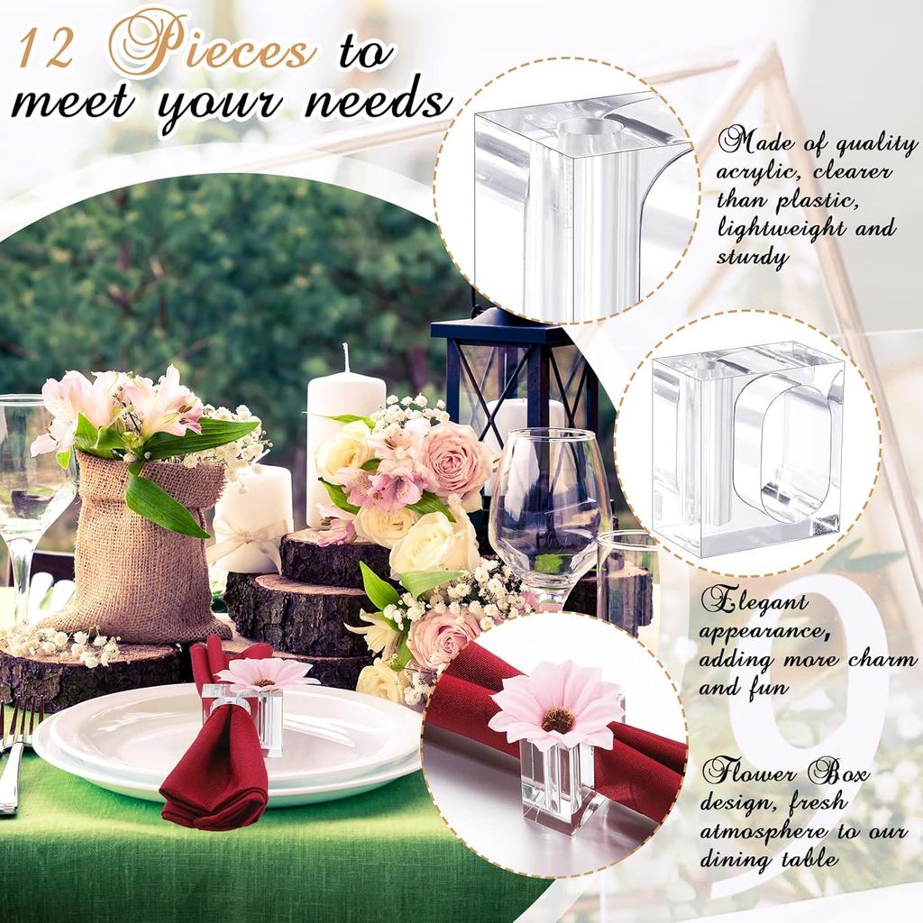 Flower Napkin Rings Clear Acrylic Napkin Holder Rings Bulk Square Flower Bud Vase Combo for Wedding, Birthday Banquet Table Decor, 1.77 x 1.97