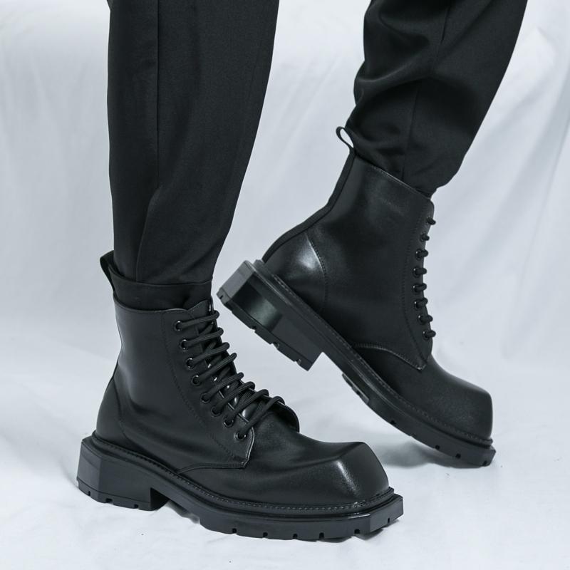 Men’s Retro Punk Thick Sole Platform Boots Jockey Boots Yellow Square Toe Motorcycle Boots High Boots Plus Size