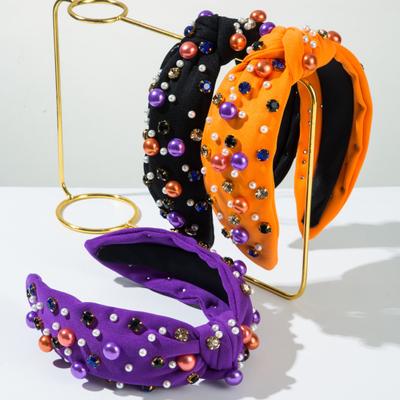 Halloween-themed Headband Faux Pearls Rhinestones Decor Widen Design Hair Hoop Adult Knot Headband
