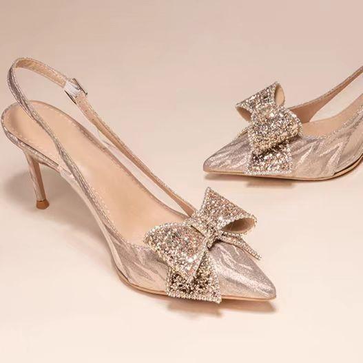 

Thin heel pointed head bag head autumn bride shoes fashion European and American rhinestones bridesmaid high heels sandals new crystal wedding shoes 35